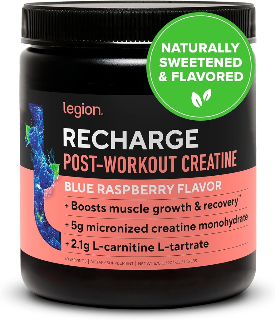 Legion Recharge Post Workout Supplement - Tous Natural Muscle Builder & Recovery Drink Avec Micronized Creatine Monohydrate. Naturellement sucré et aromatisé, sûr et sain. (Blue Raspberry, 60 services)