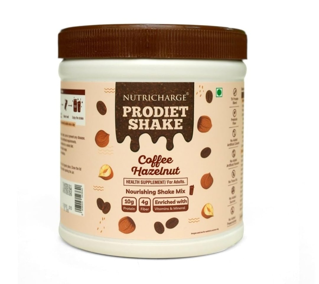 NUTRiICHARGE Prodiet Shake Coffee Hazelnut Flavor, High Protein Meal Replacement Drink Mix, Enriched with Vitamins, Minerals and Fiber, 500g