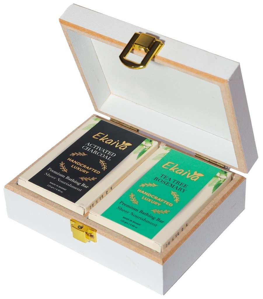 Luxury Gift Box Deluxe Collection – Activated Charcoal & Tea Tree Rosemary Bathing Bars with Deluxe Wooden Box – Handmade Herbal Soaps for Detox, Clarity & Skin Balance