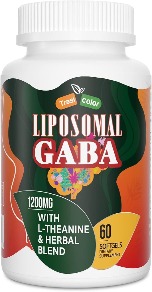 GABA liposomique avec suppléments L-Theanine 1200mg - Complexe GABA à haute absorption avec Ashwagandha, Camomile, Tart Cherry Herbal Suppléments pour hommes et femmes, 60 Softgels