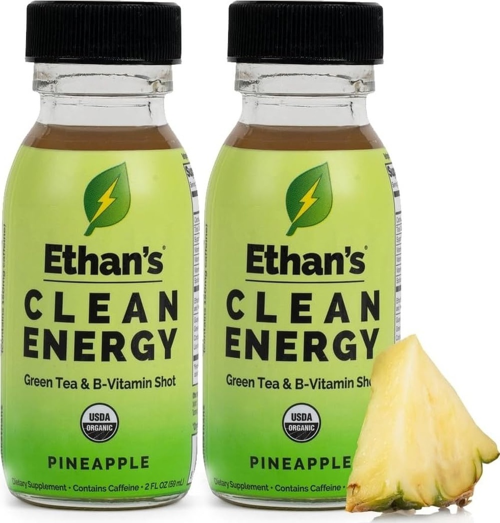 Ethan's Organic Clean Energy Shots Ananas, sans sucre naturel avant l'entraînement Focus Boost, sans gluten, végétalien, B6 & B12 vitamine C avec extrait de thé vert et Guayusa (2 pack de 2oz shots)