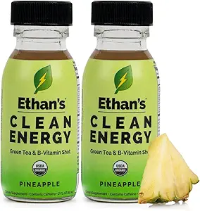 Ethan's Organic Clean Energy Shots Ananas, sans sucre naturel avant l'entraînement Focus Boost, sans gluten, végétalien, B6 & B12 vitamine C avec extrait de thé vert et Guayusa (2 pack de 2oz shots)