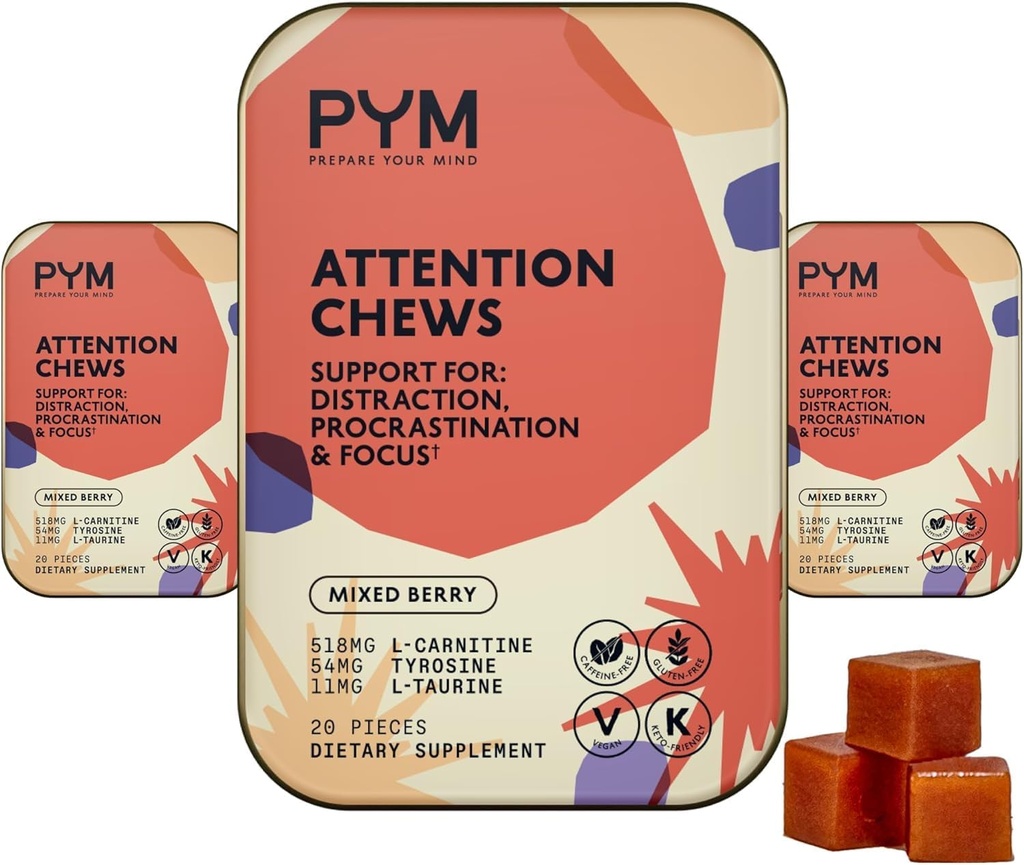 PYM Attention Chews Support for Procrastination, Focus & Productivity, 60 Count, 518mg L-Carnitine, 54mg Tyrosine, 11mg L-Taurine - Sans caféine, supplément d'humeur tout naturel fabriqué aux États-Unis