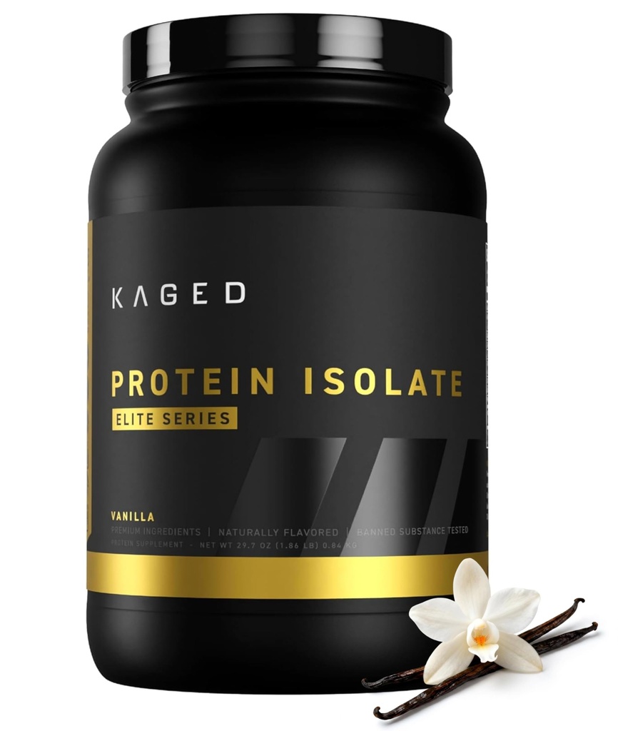 Kaged Whey Protein Isolate Elite Poudre de vanille, de caséine et de mélange de protéines de lait.