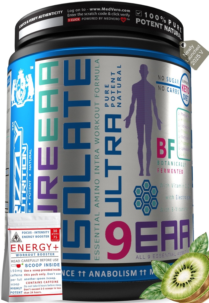 Grizzly Nutrition - Pure EAA Isolate, Full Spectrum 9 Essential amino plus bcaa, Intra workout - muscle growth, endurance, vegan fermented, supports keto, 300gr/50 servings (Kiwi Crush Martini)