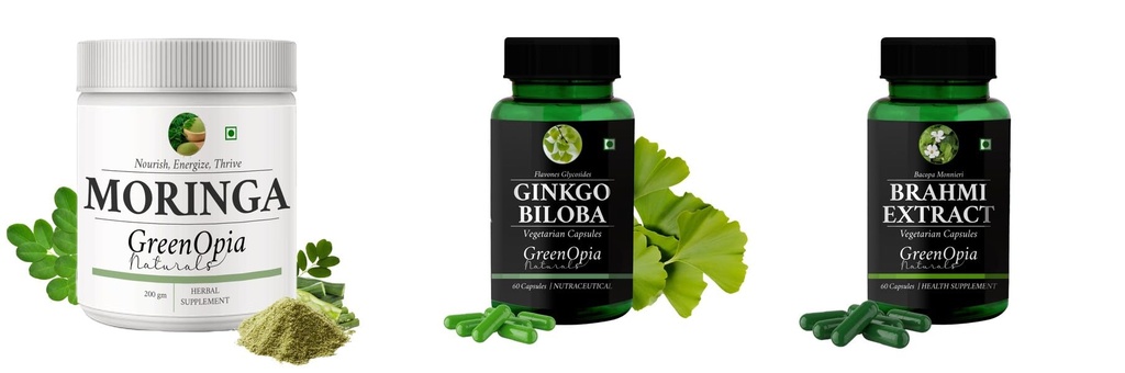 Moringa-oleifera-powder, Ginkgo-biloba-vegetarian-capsules, Brahmi-vegetarian-capsules Combo | Convenient Nutrition & Wellness Routine | Multi-Product Pack