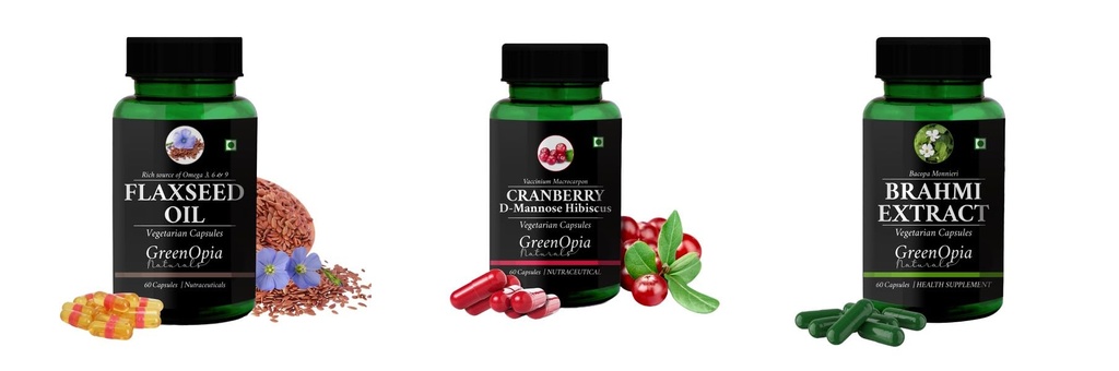 Flax-seed, Cranberry-d-mannose-hibiscus, Brahmi Combo | Convenient Nutrition & Wellness Routine | Multi-Product Pack