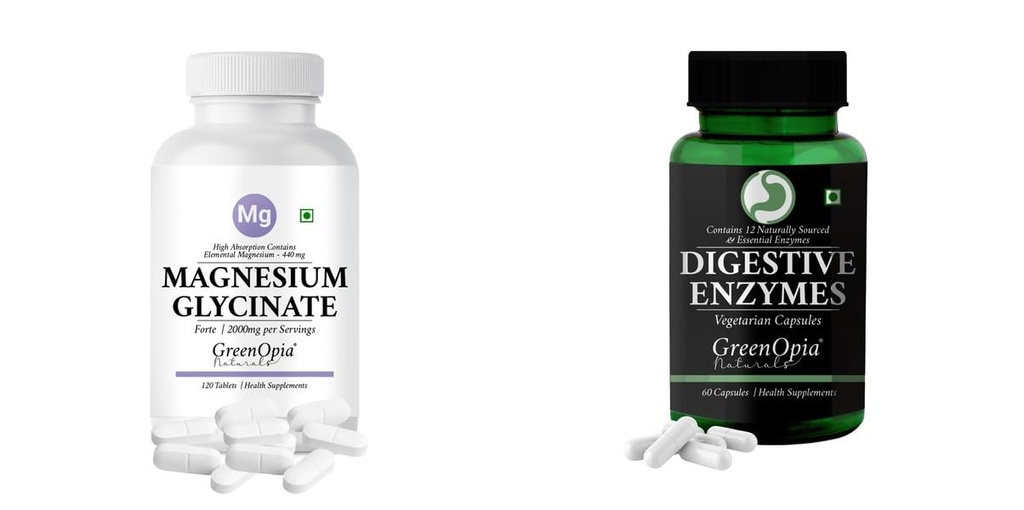 Magnesium-glycinate-forte-tablets, Digestive-enzymes-60-vegetarian-capsules Combo | Convenient Nutrition & Wellness Routine | Multi-Product Pack