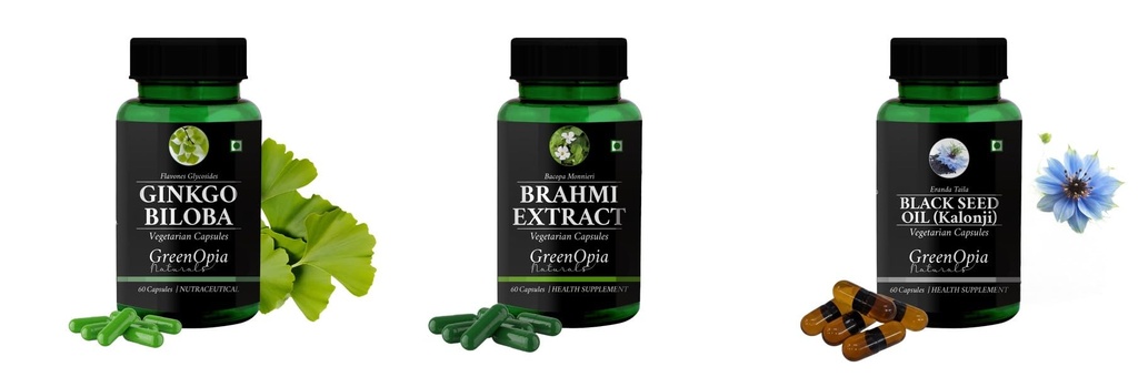 Ginkgo-biloba, Brahmi, Black-seed-oil Combo | Convenient Nutrition & Wellness Routine | Multi-Product Pack