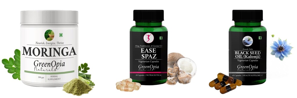 Moringa-oleifera-powder, Ease-spaz-vegetarian-capsules, Black-seed-oil-capsules Combo | Convenient Nutrition & Wellness Routine | Multi-Product Pack