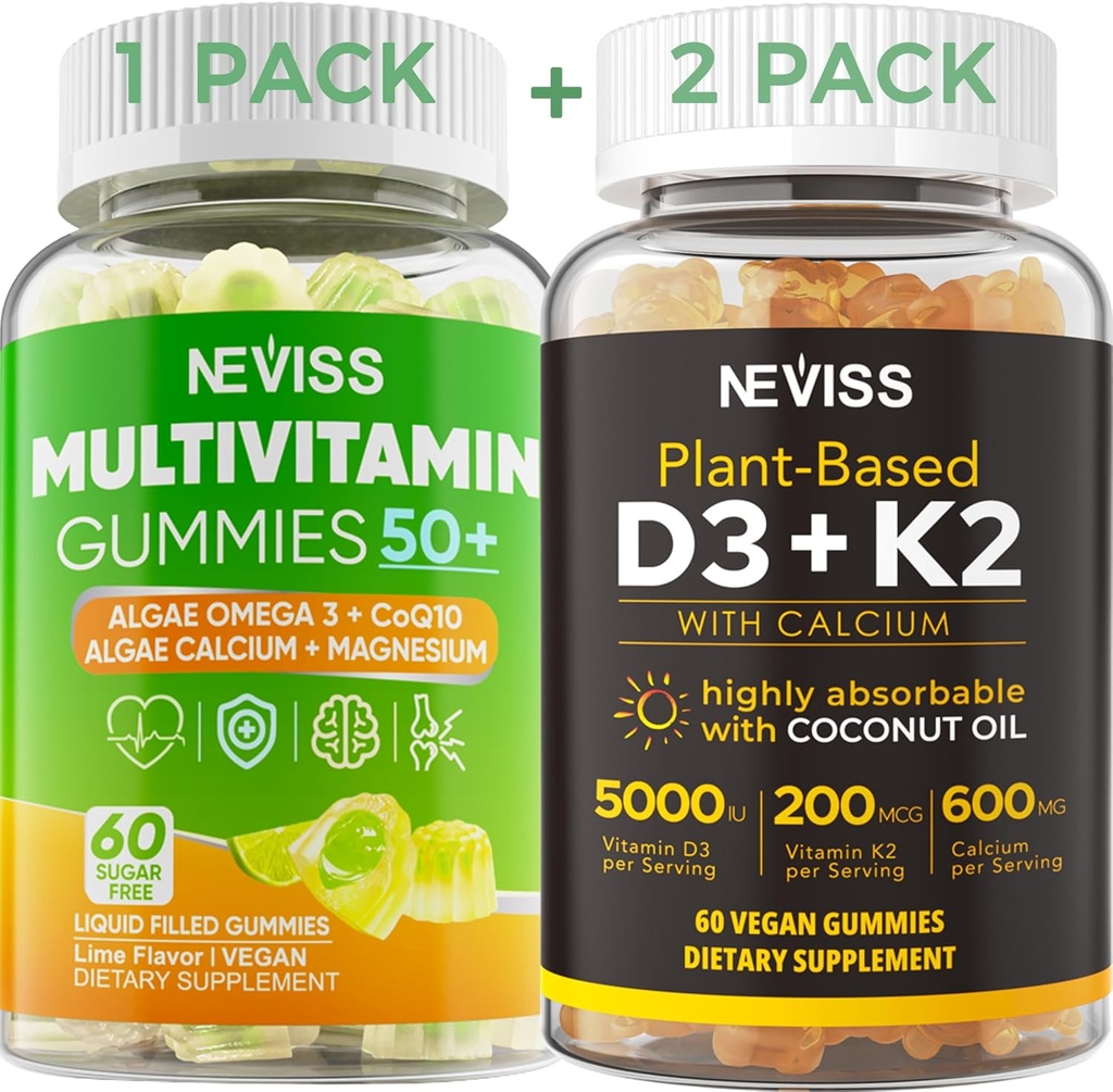 NEVISS 50+ Daily Gummy Multivitamin Algae Omega 3 & Calcium, CoQ10, Magnesium + Vitamin D3 5000IU Gummies 125mcg with Calcium 600mg, K2(MK7) 200mcg