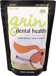 Dans Clover Natural Dental Treat, Grin, Chien de Respiration Fresh Chew Treat avec Prébiotiques, Contrôle du Tartare de Respiration Fresh, Supplément de Chew quotidien pour les chiens soutient Gommes et dents de chien