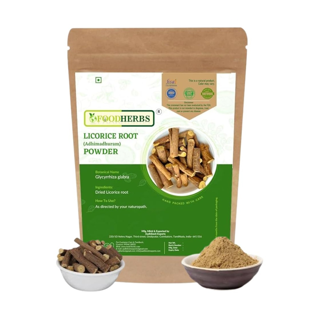 Foodherbs Adhimadhuram Powder | Mulethi | Pure Licorice Root | 200g | Helps in Cough, Cold & Sore Throat | Helps in Lightens Skin Tone | Helps with Scalp Infections | Wellness & Health Support