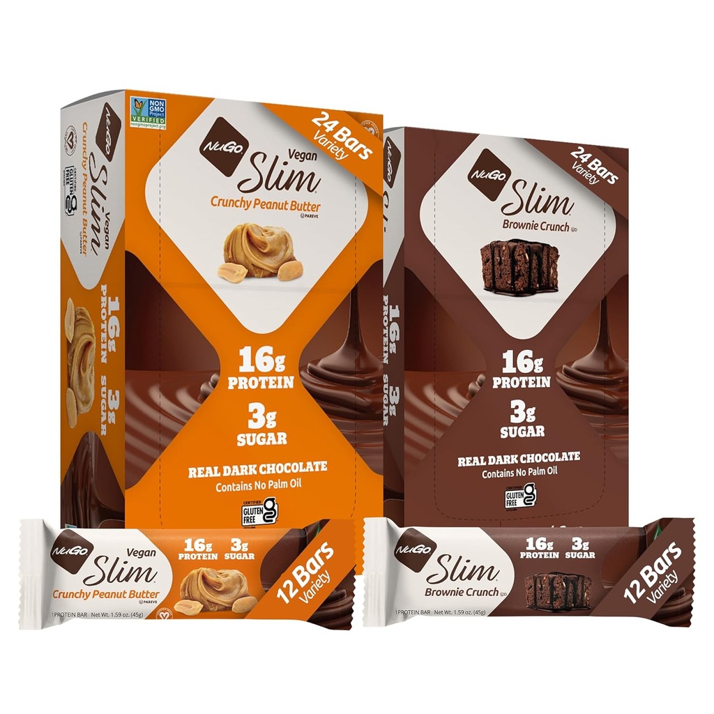NuGo Slim 24ct Variété - Crunchy Peanut Butter 12 bars & Brownie Crunch 12 bars, 16g Protéines, Keto Friendly, Sans gluten, 24 chiffres