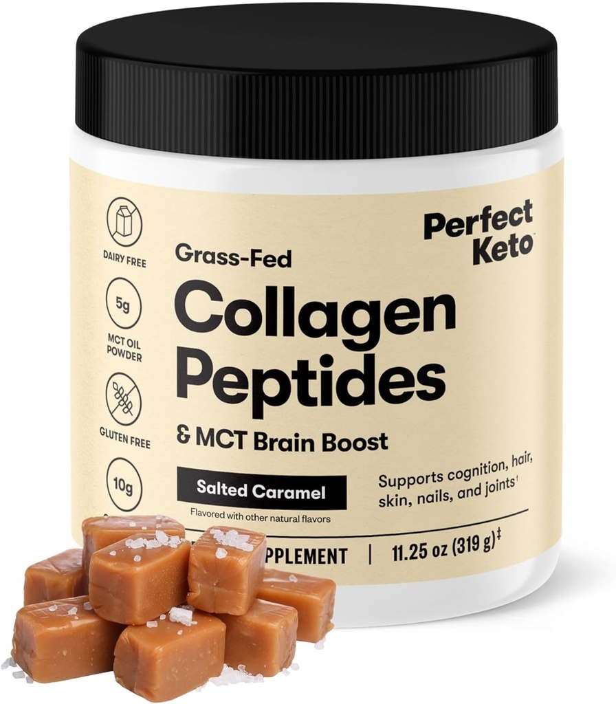 Perfect Keto Collagen Peptides poudre de protéines avec huile MCT, collagène hydrolysé, complément de type I & III, gazon sans gluten, faible teneur en glucides, crème de café Keto, collagène pour les femmes et les hommes, caramel salé