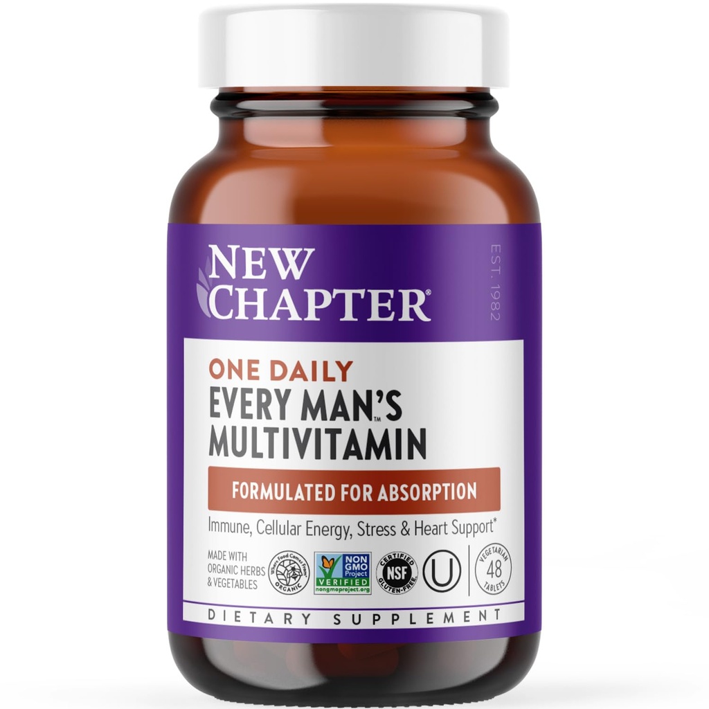 Nouveau chapitre Multivitamine pour homme pour l'Immune, le stress, le cœur + le soutien énergétique avec des nutriments fermentés - Chaque jour de l'homme, fait avec des légumes et des herbes biologiques, non-OGM, sans gluten - 48 ct