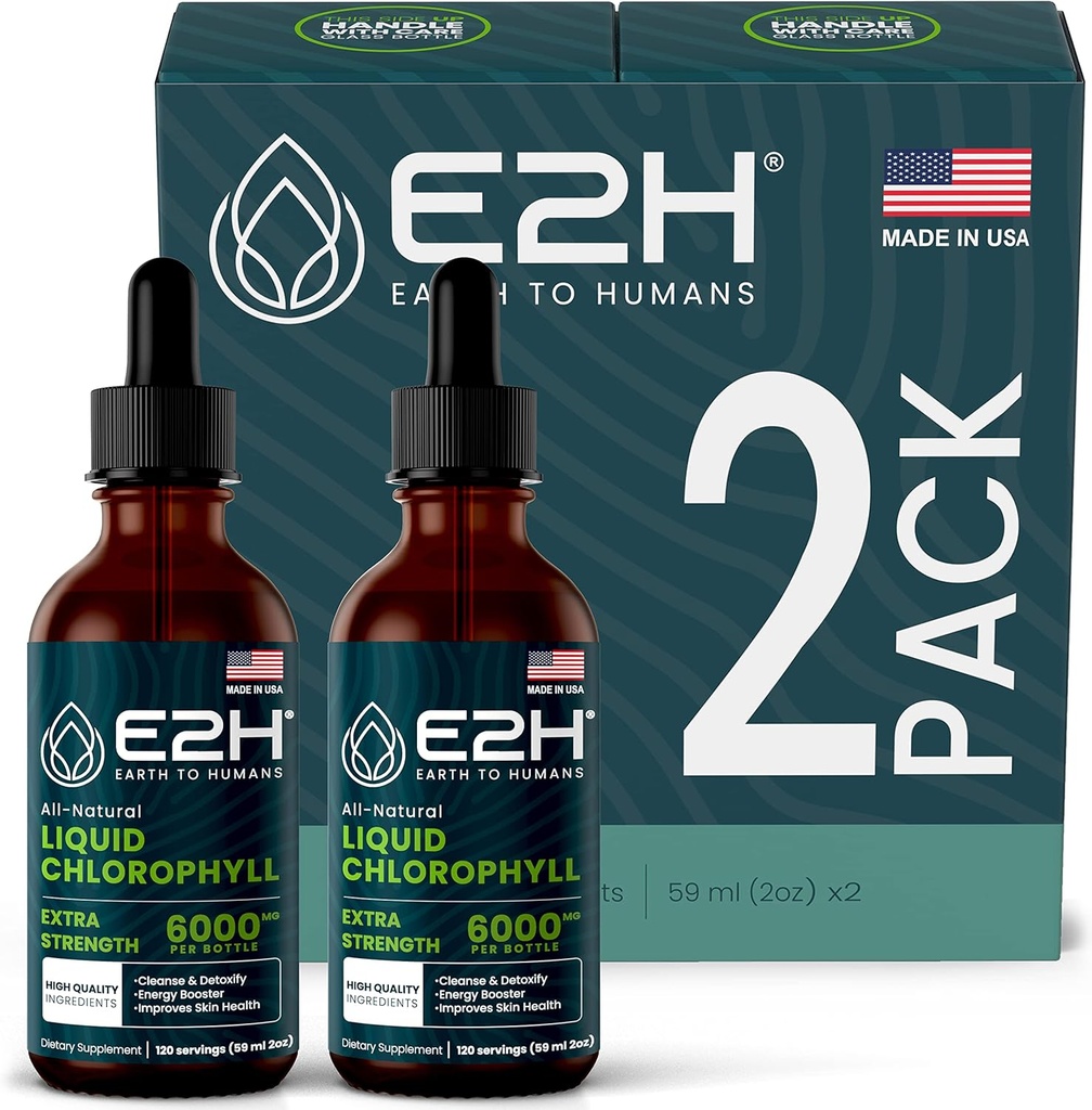 E2H Chlorophylle gouttes liquides - Booster d'énergie, digestion, système immunitaire support et désodorisant interne - végétalien - sans gluten - non-OGM - (2 bouteilles)