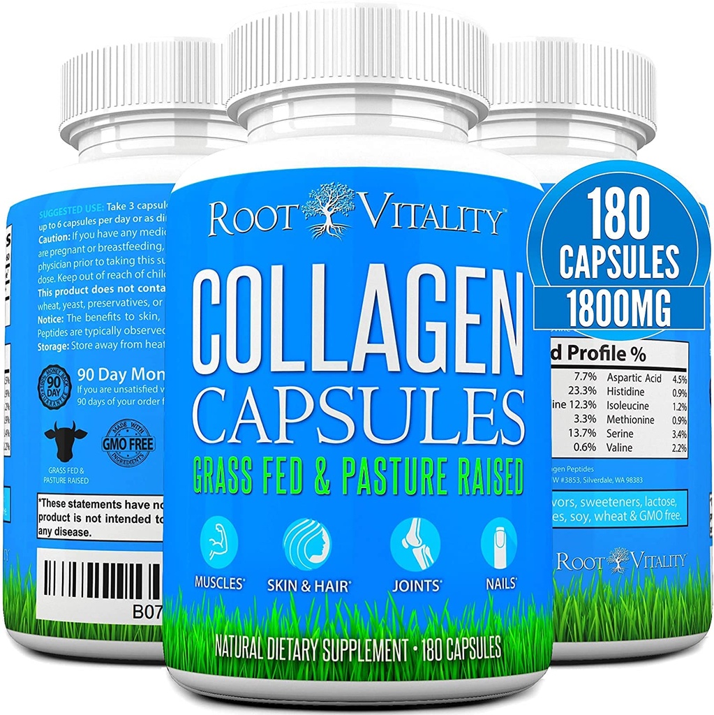 Gélules de collagène de vitalité racinaire - Supplément de protéines hydrolysées alimentées à l'herbe et aux pâturages pour la peau, les cheveux et les ongles - Pilules quotidiennes sans OGM et sans sucre pour hommes et femmes (180 capsules)