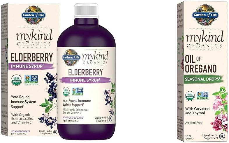 Garden of Life Organics Syrup Immune à base végétale 6,59 fl oz & Organics Huile d'origan Gouttes saisonnières 1fl oz (30 ml) Liquide