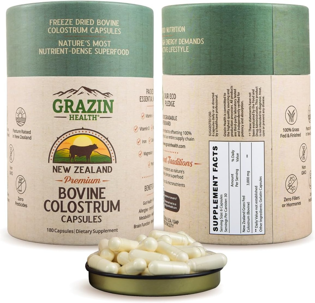 Colostrum bovin à l'herbe : 3000Mg par portion (500 mg par gélule) (30 portions)