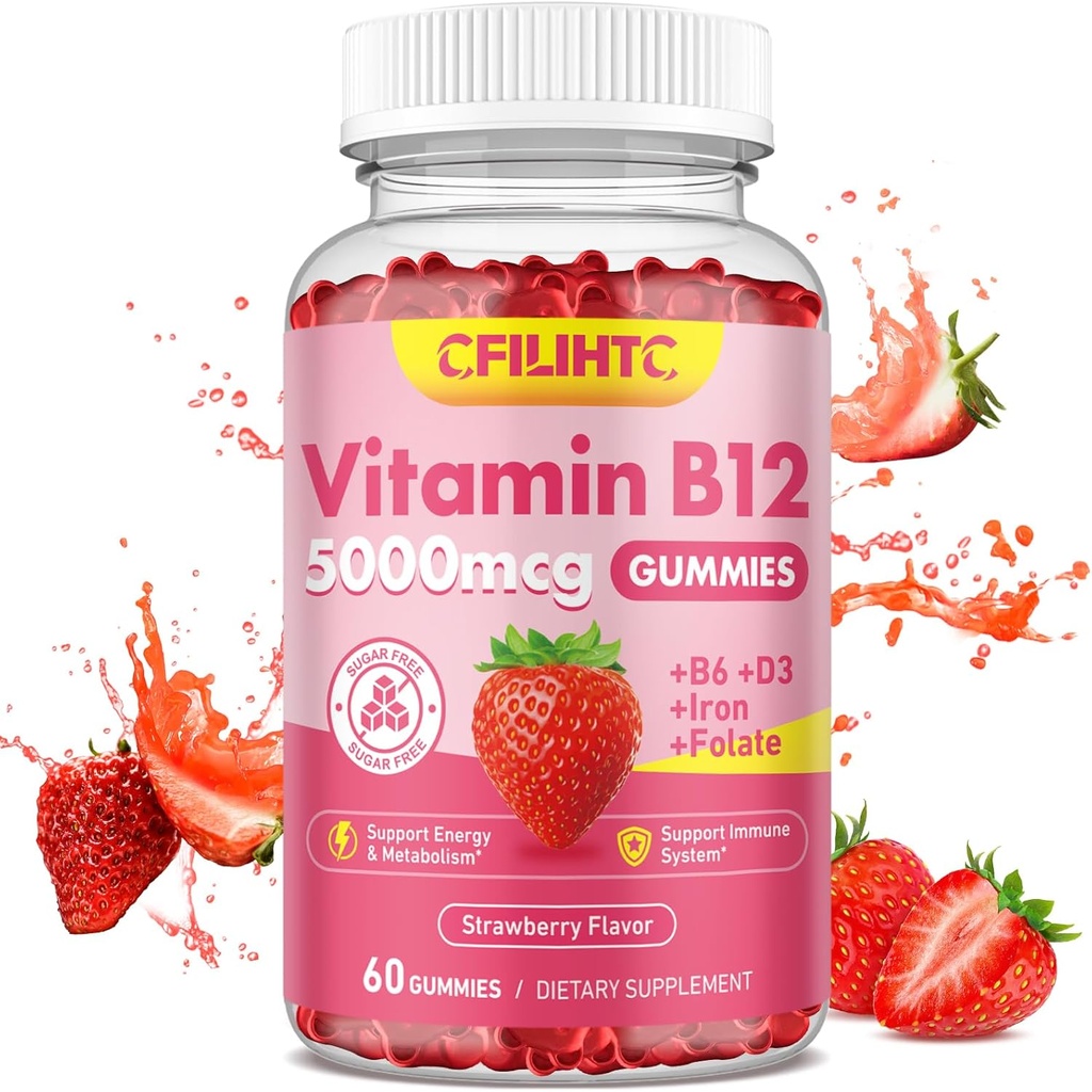 Vitamine B12 Gummies pour les femmes et les hommes, 5000mcg Méthyl B12 Gummies avec vitamine B6, D3, Fer, Folate pour les adultes, soutient l'énergie et le métabolisme, l'humeur, système immunitaire et nerveux, fraise sans sucre