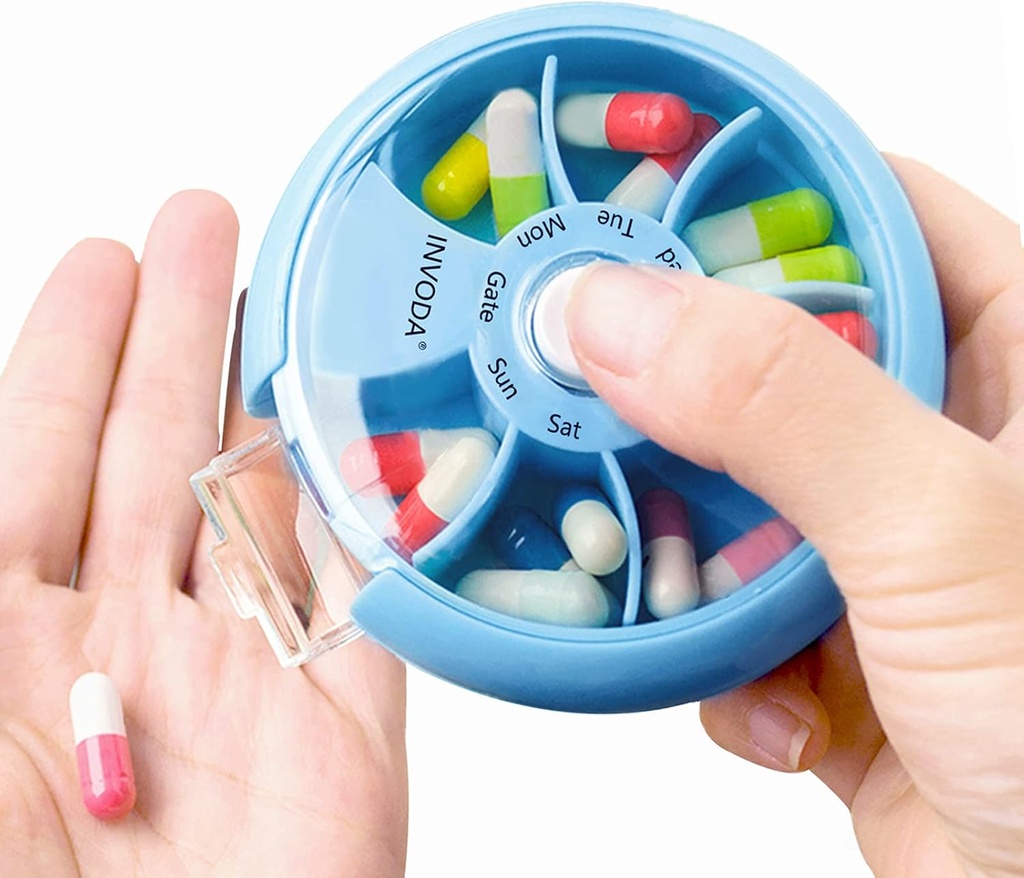 INVODA Weekly Pill Organizer 7 Compartiment Pill Box rotative pour les médicaments quotidiens et les vitamines - Portable Travel Pill Case Suppléments huile de poisson Vitamines Organizer (Sky Blue)