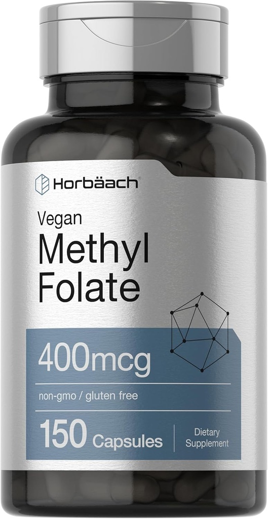 Horbäach Methyl Folate 400 mcg | 150 Vegan Capsules | Non-GMO, Gluten Free | Dietary Supplement