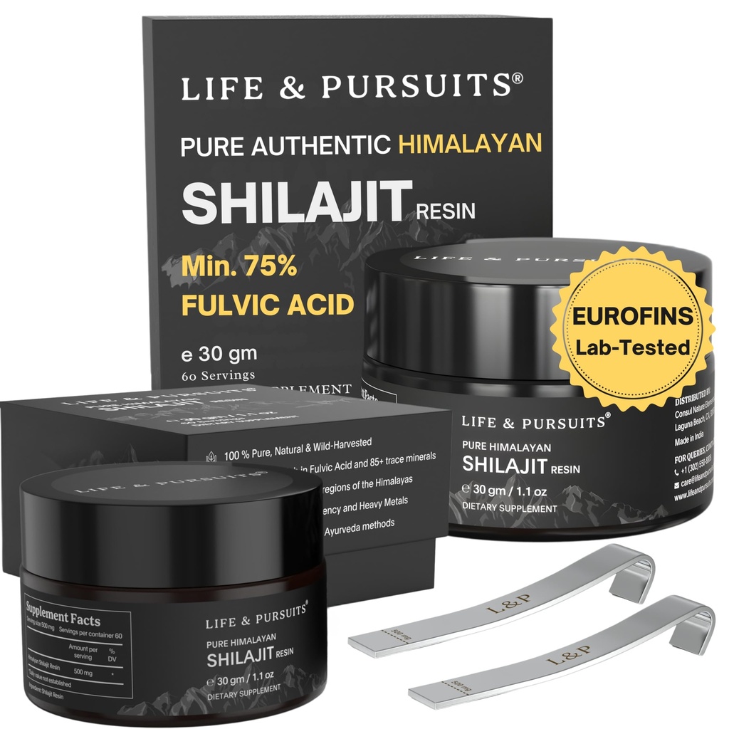 Life & Pursuits Pure Authentic Himalayan Shilajit Resin | Min. 75% Fulvic Acid, Lab Tested, Natural Gold Grade, 85+ Trace Minerals (Pack of 2)