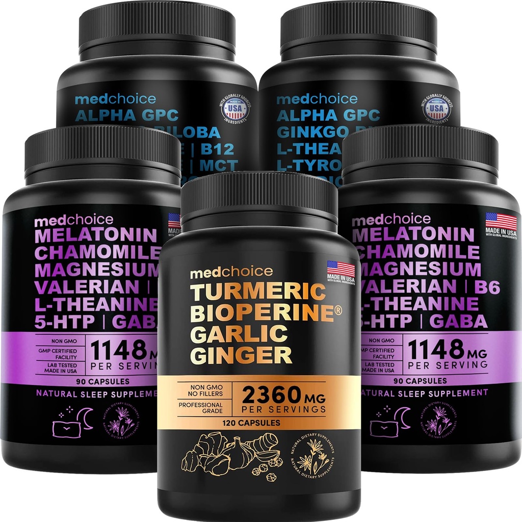 MEDCHOICE Turmeric & Ginger (120ct), Sleep Melatonin (180ct) et Cerveau Nootropique (120ct) Supplément Ensemble - Trio de bien-être pour le cerveau, le sommeil et le soutien immunitaire - Vegan, non-OGM, sans gluten