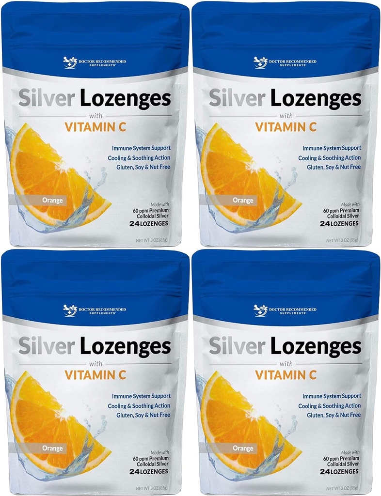 Lozanges d'argent avec vitamine C - Premium Nano Silver 60 PPM argent colloïdal, miel organique et supplément minéral de vitamine C gouttes pour soutenir le système immunitaire, Soothe Cough & Gorge - Pack de 4