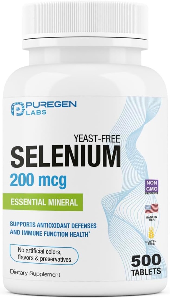 Puregen Labs Selenium 200 mcg Yeast Free Essential Mineral - 500 Vegetarian Tablets | Immune & Antioxidant Support | Non-GMO, Gluten Free, Made in USA