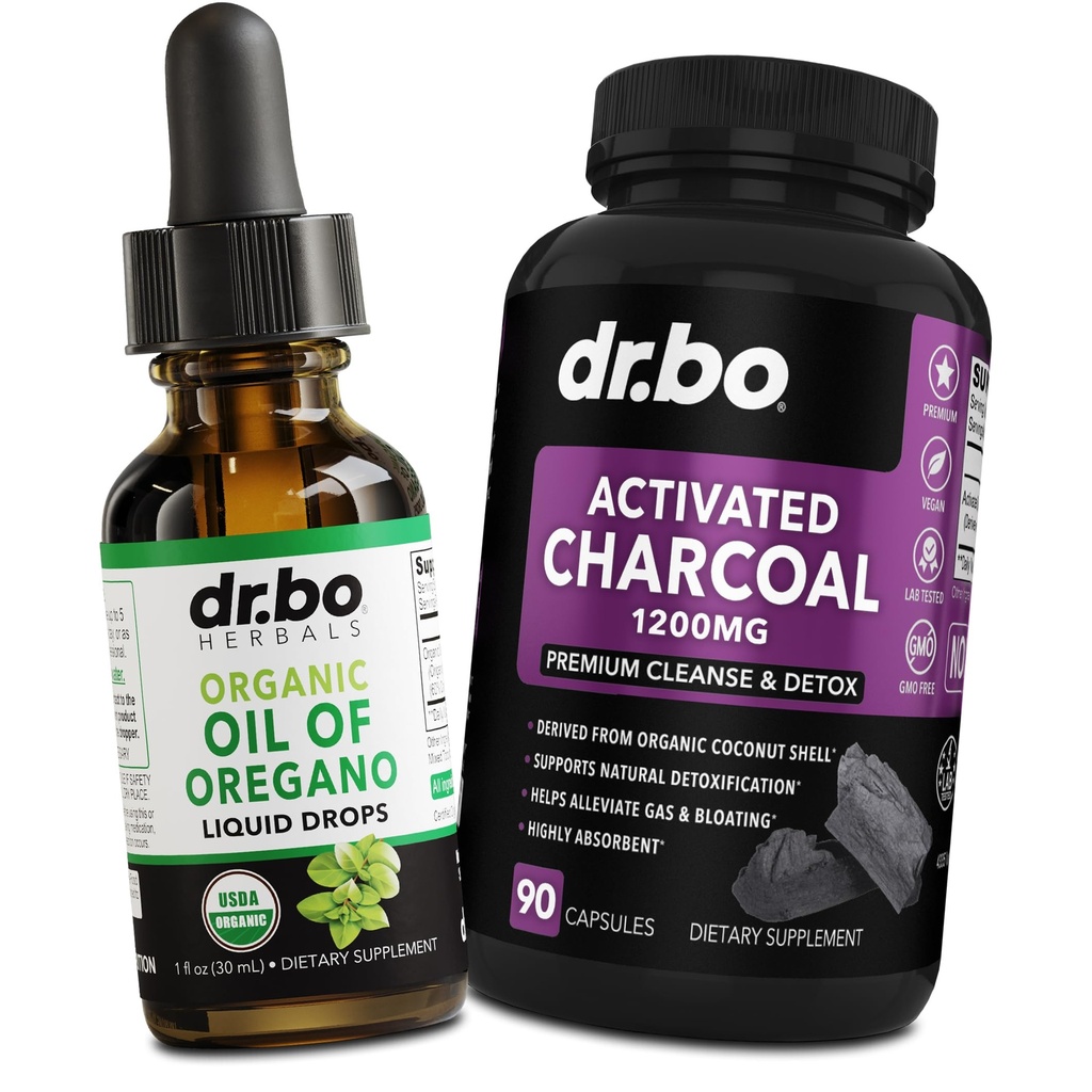 Huile d'Origan gouttes liquides organiques et capsules de charbon - Huile de gouttes d'Origan Extrait de Teinture et pilules de charbon pour le nettoyage des gaz d'estomac Détox Immune Support, Binder digestif - Organique
