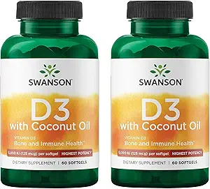 Swanson High Potency Vitamine D-3 w/Coconut - Supplément naturel Promouvoir la santé des os et le soutien du système immunitaire - Peut aider à augmenter l'absorption de calcium - (60 Softgels, 125mcg chacun) (2 Pack)