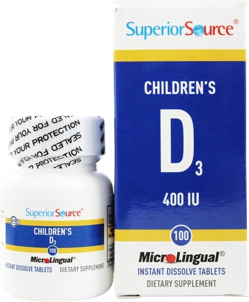 Source supérieure Vitamine D3 400 UI pour les enfants - Supplément de soutien aux dents, os et immunitaires pour les enfants - Non-OGM - 100 comprimés dissolvables microLinguaux