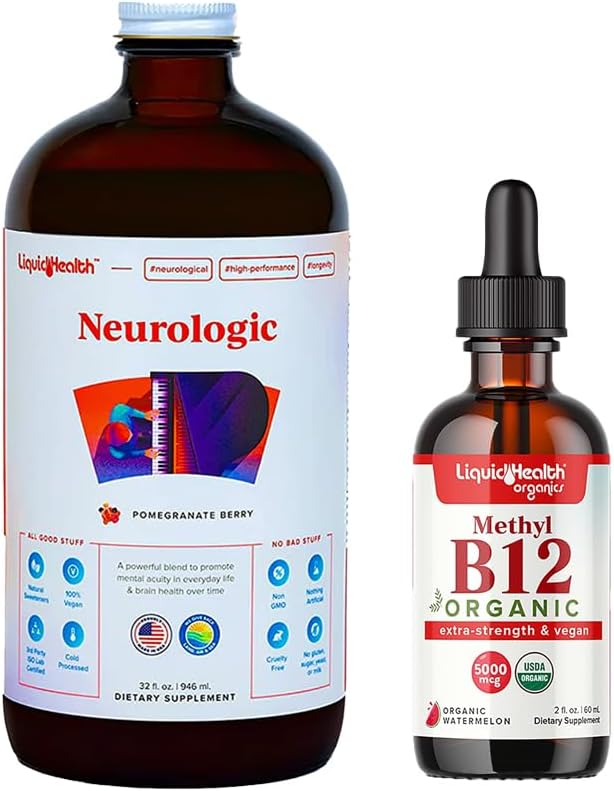 LIQUIDHEALTH Neurologique Nootropic Focus Supplement & Organic Methyl B12 5000mcg Vitamine Drops with Tart Cherry Juice for Imune Support, Améliored Memory & Concentration, Natural Energy, Global Health