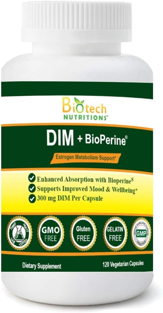 Supplément DIM 300 mg DIM Diindolylméthane Plus BioPerine 120 jours d'approvisionnement fabriqué aux États-Unis 120 capsules végétales (120)