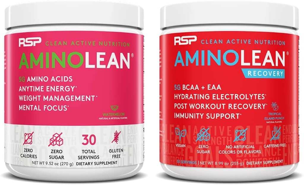 RSP NUTRITION AminoLean Énergie de pré-entraînement (servies de la pastèque 30) avec rappel d'AminoLean après l'entraînement (punches de l'île Tropical 30)