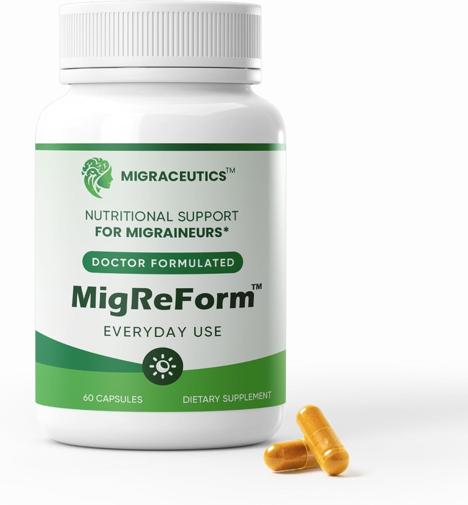 Bouteille MigReForm de 60 - Suppléments de soulagement de la migraine formulés par le médecin - Support de soulagement de la migraine naturelle avec Magnésium, Vitamine B2 & CoQ10 - Supplément de migraine pour les femmes et les hommes - Vitamines de migraine