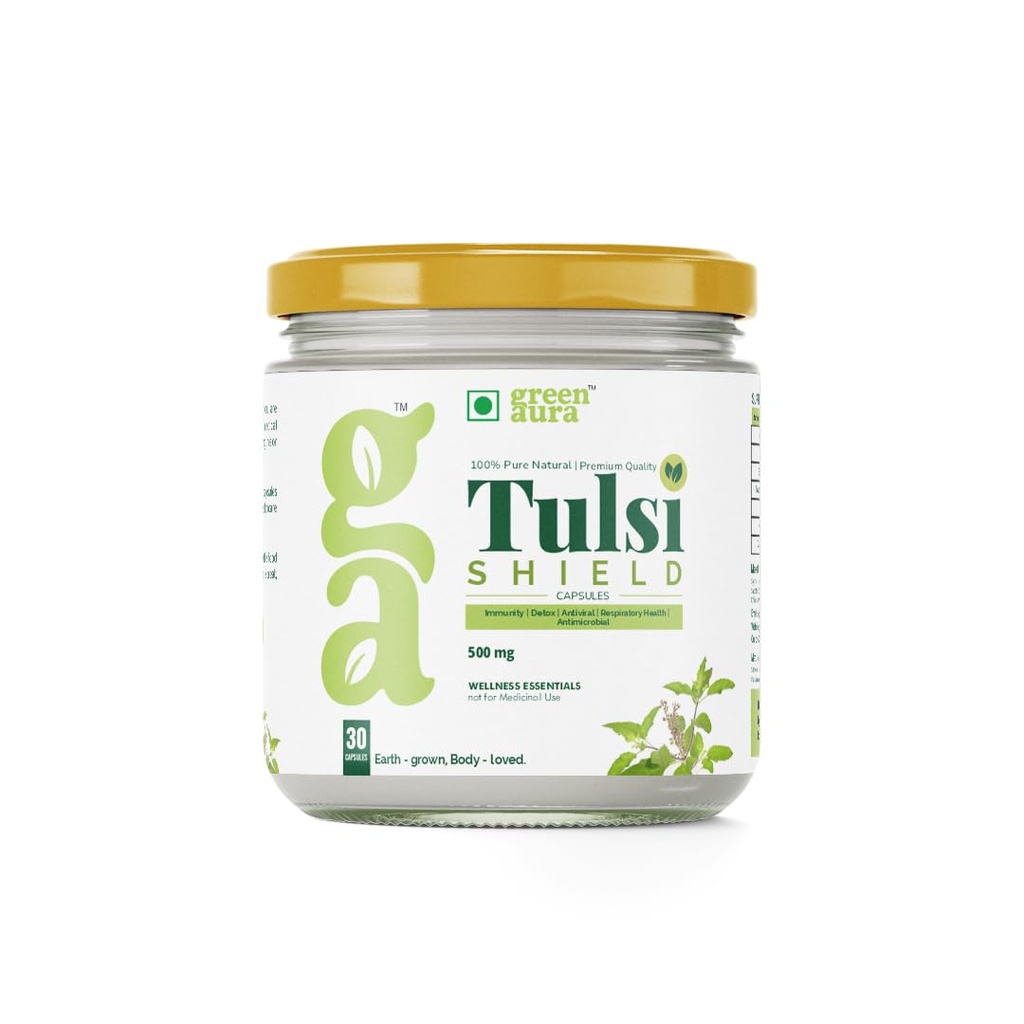 Green Aura Tulsi Shield Capsules (30 Capsule) | Ayurvedic Antiviral & Antimicrobial Supplement | 500mg | Ideal For Immunity, Stress Relief & Detox