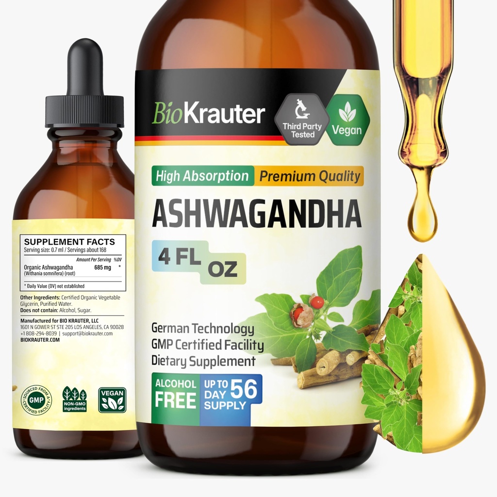 BIO KRAUTER® Ashwagandha Supplements - Liquid Drops Pure Vegan Ashwagandha for Women & Men 685 mg per Serving 4 Fl.Oz 56-Day Supply - Used for Mood Magic & Relaxation Support - Alcohol & Sugar Free