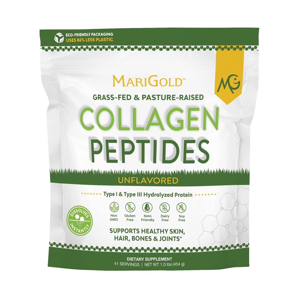 Poudre de Peptides de Collagène d'Or non aromatisée 1LB - 100% pure, de Type I et III de Bovine Collagène hydrolysé, non-OGM, sans Hormone-Gluten-Dairy, sans Keto-friendly, facile à mélanger