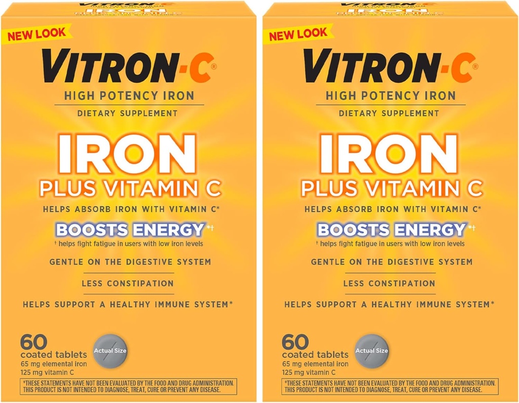 Supplément de fer Vitron-C, une fois par jour, fer à haute puissance plus vitamine C, soutien de la production de globules rouges, comprimés sans colorant, 60 Compte, 2 Pack