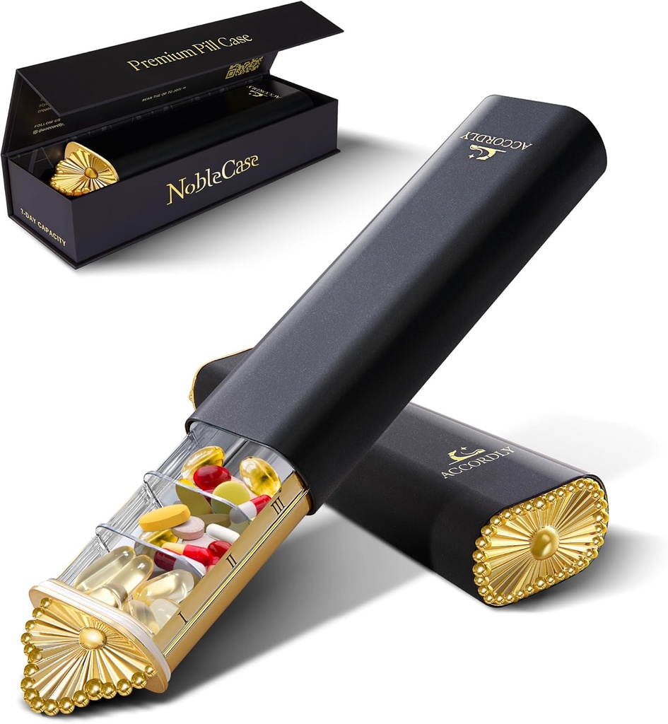 Organisateur de pilules hebdomadaires Premium, étui de pilules compactes de 7 jours pour la purse, boîte à pilules en aluminium d'or léger pour les vitamines, la médecine, les suppléments, cadeau de bien-être de luxe