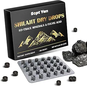 Shilajit pur Himalayan gouttes sèches organiques Supplément de résine Shilajit (60 comprimés - 200mg chacun), Shilajit pour hommes Femmes avec 85+ Trace Minerals & Acid Fulvic pour l'énergie, l'immunité, le soutien du cerveau