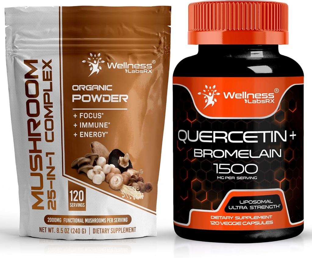 WELLNESS LABSRX Poudre de champignons 2000mg - Quercetin avec supplément de bromelain - 1500mg