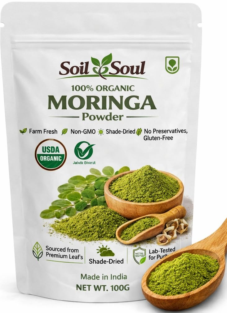 Soil&Soul 100% Organic India Moringa Powder (100g) - Pure & Natural Green Superfood for Immunity & Energy | Raw, Vegan & Gluten-Free Moringa Oleifera Drumstick Leaf Powder | Natural Multi-vitamin | Anti-Oxidant | Good for Hair & Skin