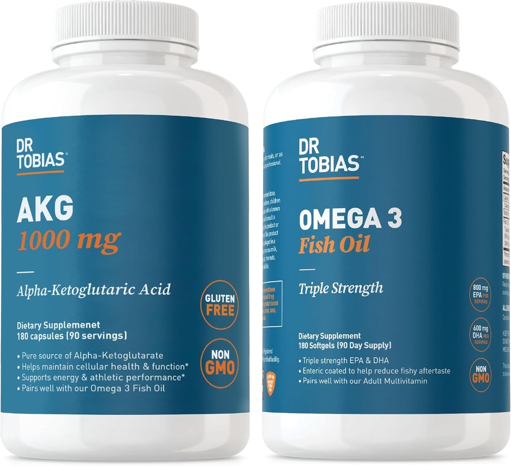 Dr Tobias AKG Supplément et Omega 3 Huile de poisson, soutenir l'énergie cellulaire et la santé globale avec AKG et Omega 3 EPA et DHA, non-OGM