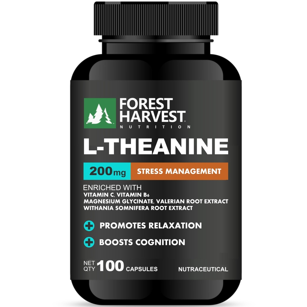 L-Theanine 200 mg with Ashwagandha, Magnesium, Valerian Root Extract, Vitamin B6 & Vitamin C – Supports Calmness, Composure & Restful Routine | 100 Veg Capsules