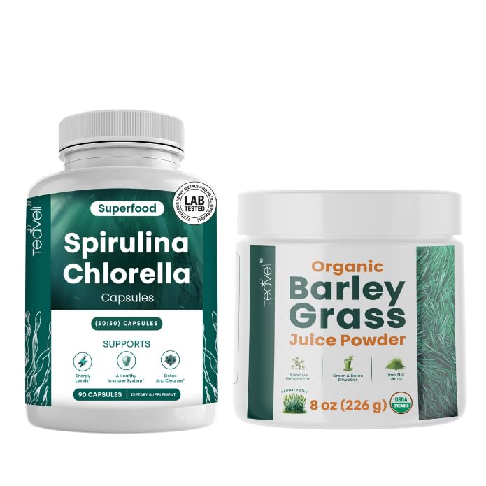 Capsules Teaveli Spirulina et Chlorella et poudre de jus d'orge orgacées
