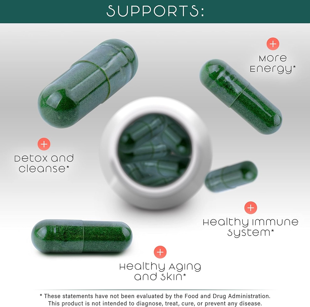 Capsules Teaveli Spirulina et Chlorella et poudre de jus d'orge orgacées